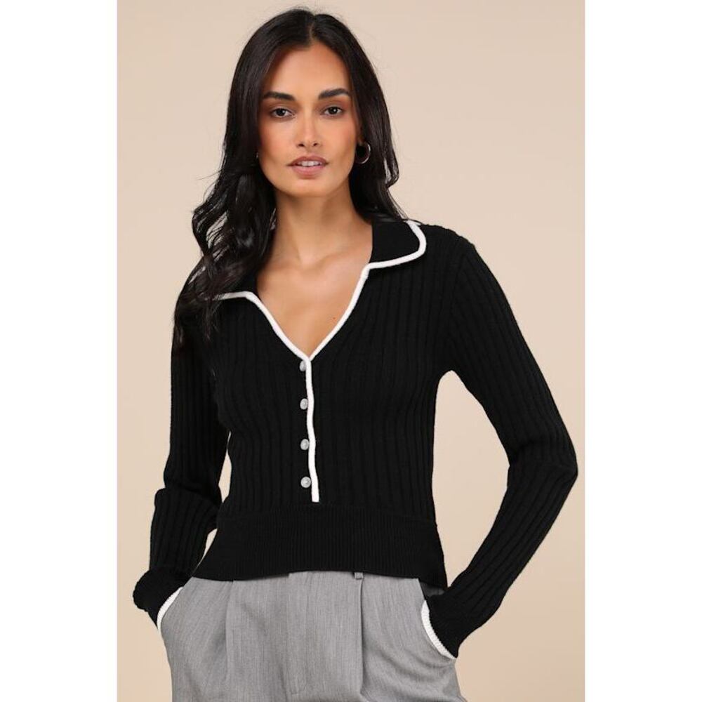 Lulus Curated Season Black Collared Sweater Top - Size S